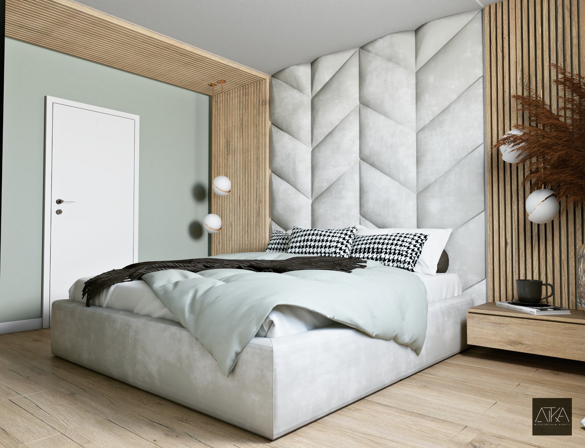 Nowoczesna sypialnia z łóżkiem na platformie, tapicerowanym zagłówkiem w geometryczny wzór i drewnianymi lamelami. Na szafce nocnej stoi czarny kubek i wazon z suszonymi trawami.
