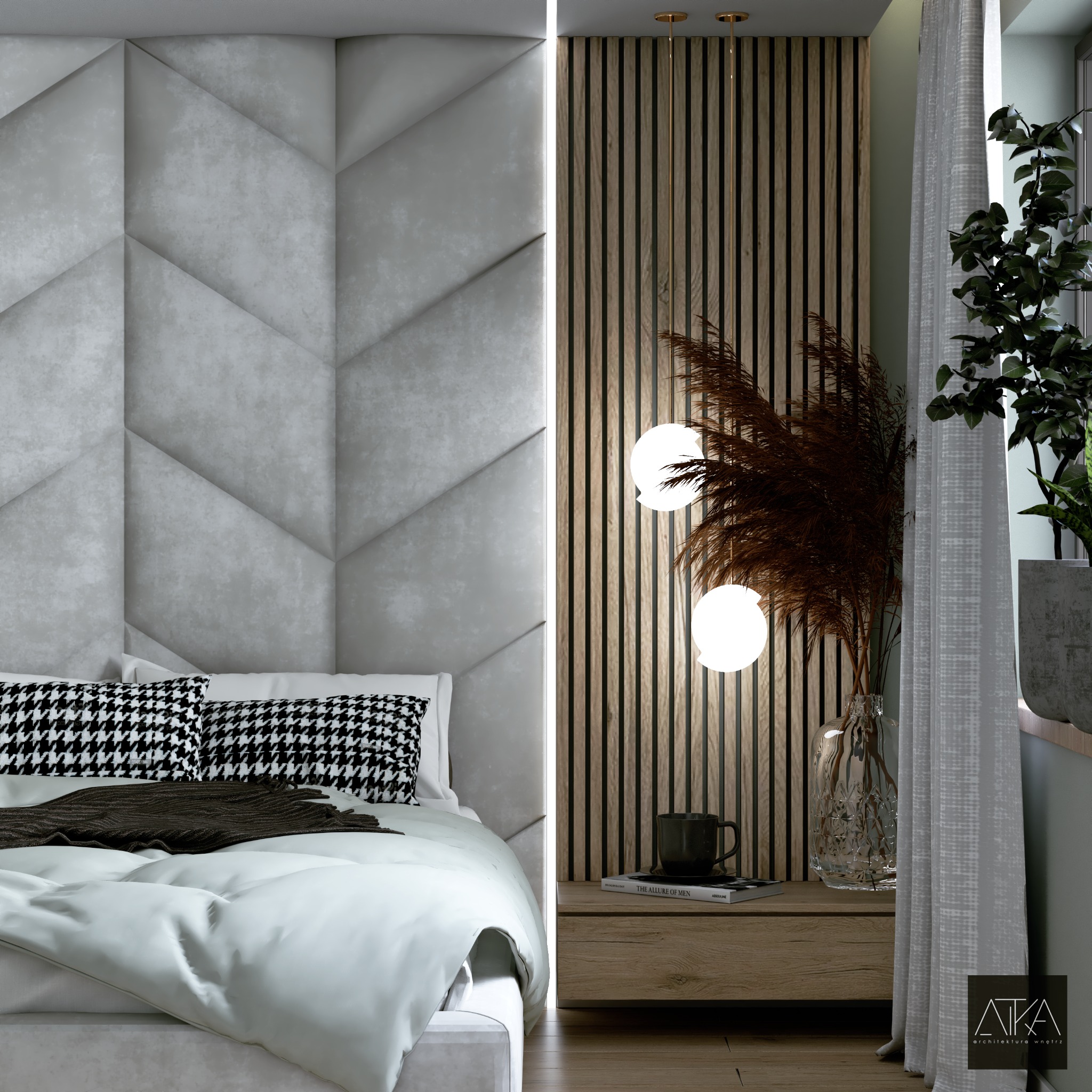Nowoczesna sypialnia w Wojnowicach z panelami ściennymi w geometryczny wzór, drewnianymi lamelami, wiszącymi lampami kulami i dekoracyjną trawą w szklanym wazonie.