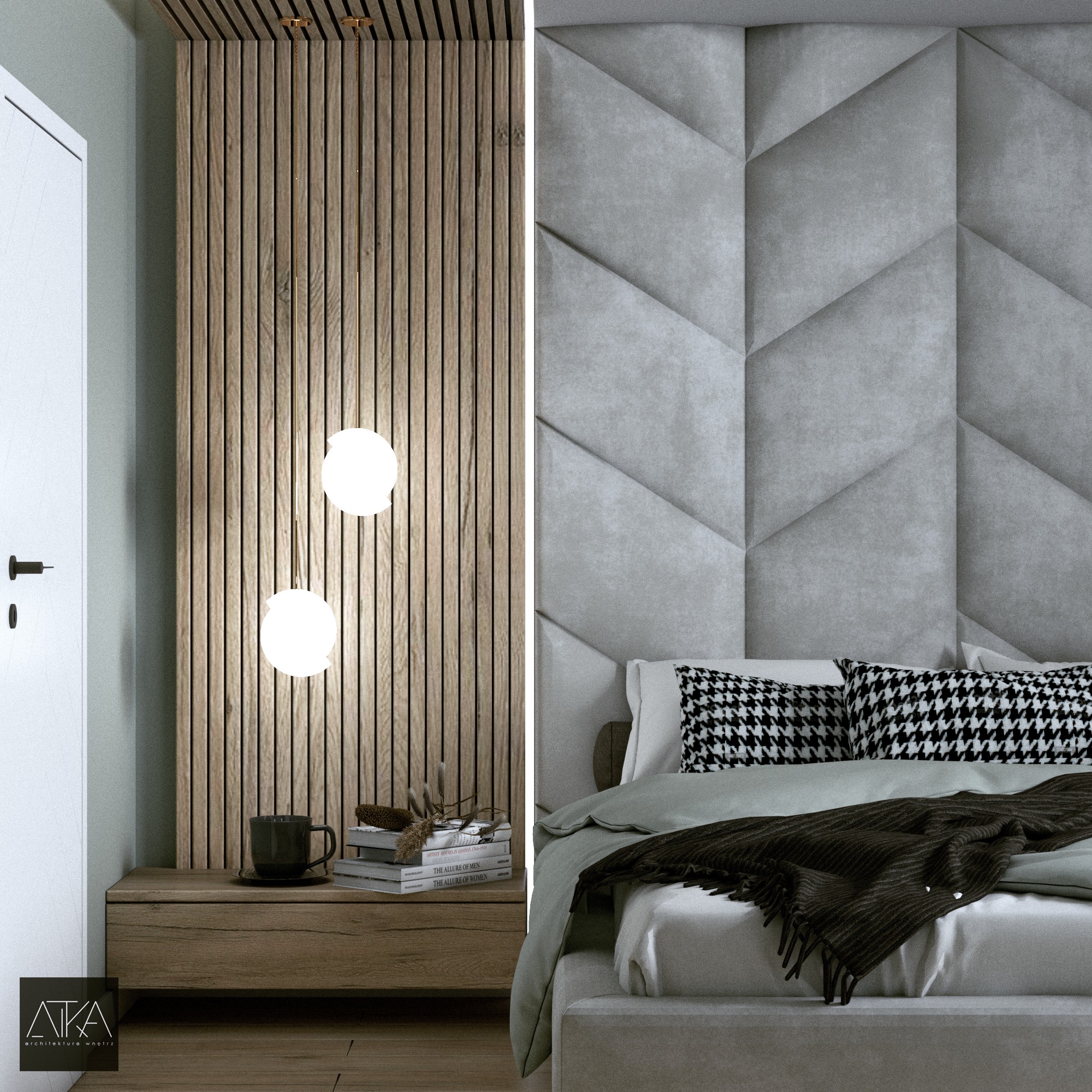 Nowoczesna sypialnia z drewnianą ścianą z lameli, wiszącymi lampami kulami, stolikiem nocnym z czarnym kubkiem i książkami oraz łóżkiem z szarą tapicerowaną ścianą w geometryczne wzory i poduszkami...
