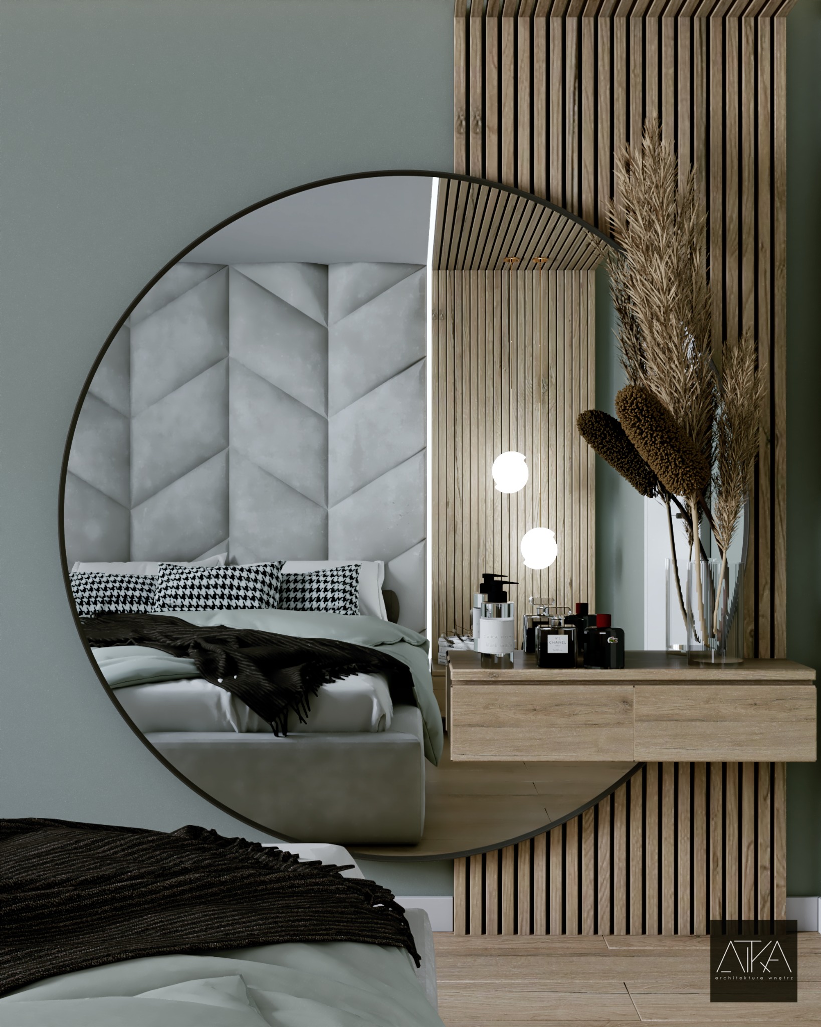 Sypialnia z łóżkiem z wezgłowiem z paneli 3D, toaletka z drewnianymi lamelami, okrągłe lustro z odbiciem fragmentu łóżka i geometrycznej ściany, dekoracyjne trawy w wazonie, oświetlenie punktowe.