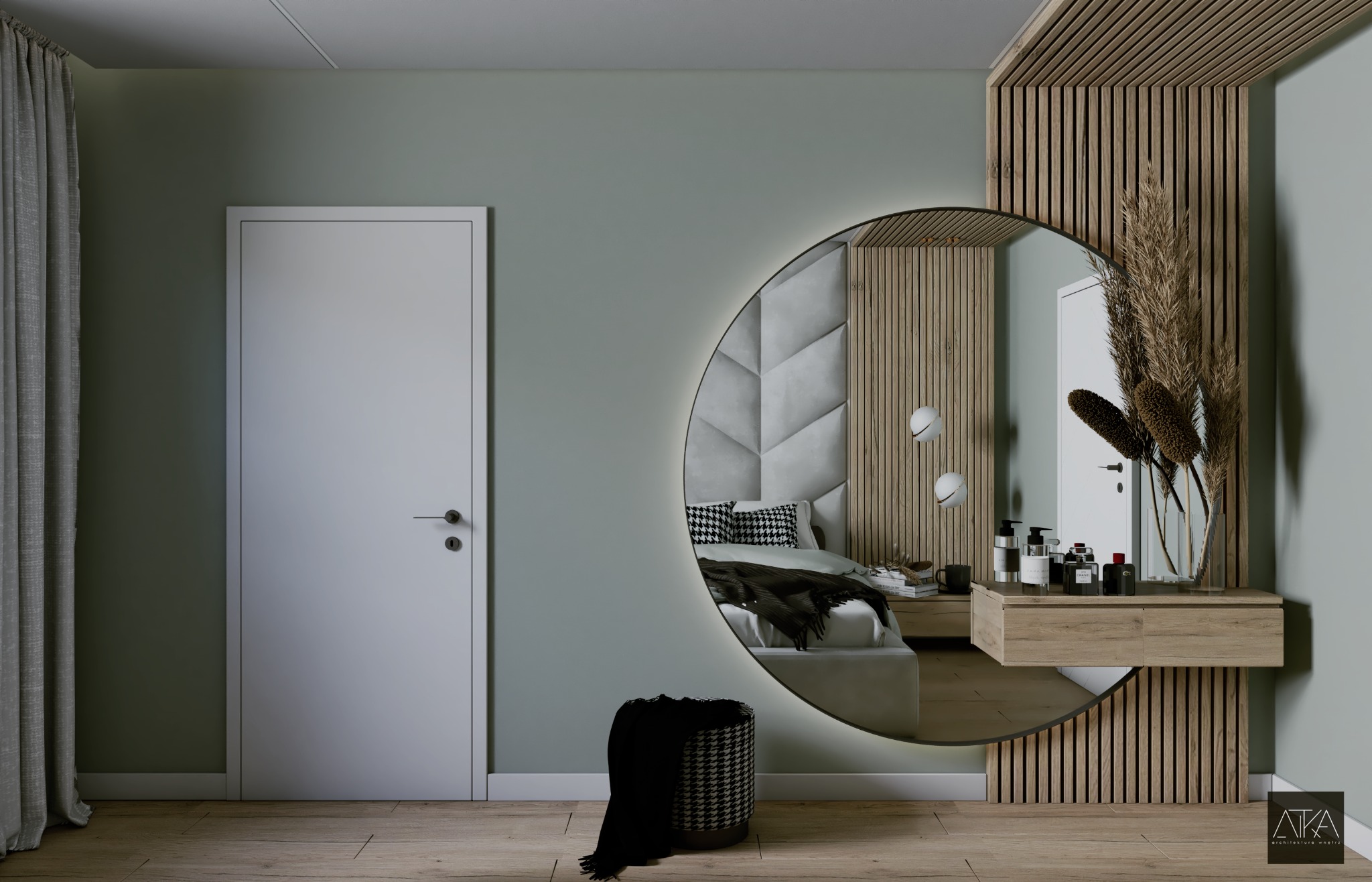 Nowoczesna sypialnia z okrągłym lustrem z podświetleniem LED, odblask łóżka z wzorzystą pościelą i zagłówkiem, drewniana konsola z dekoracyjnymi trawami, oraz pufa w pepitkę, na tle ściany...