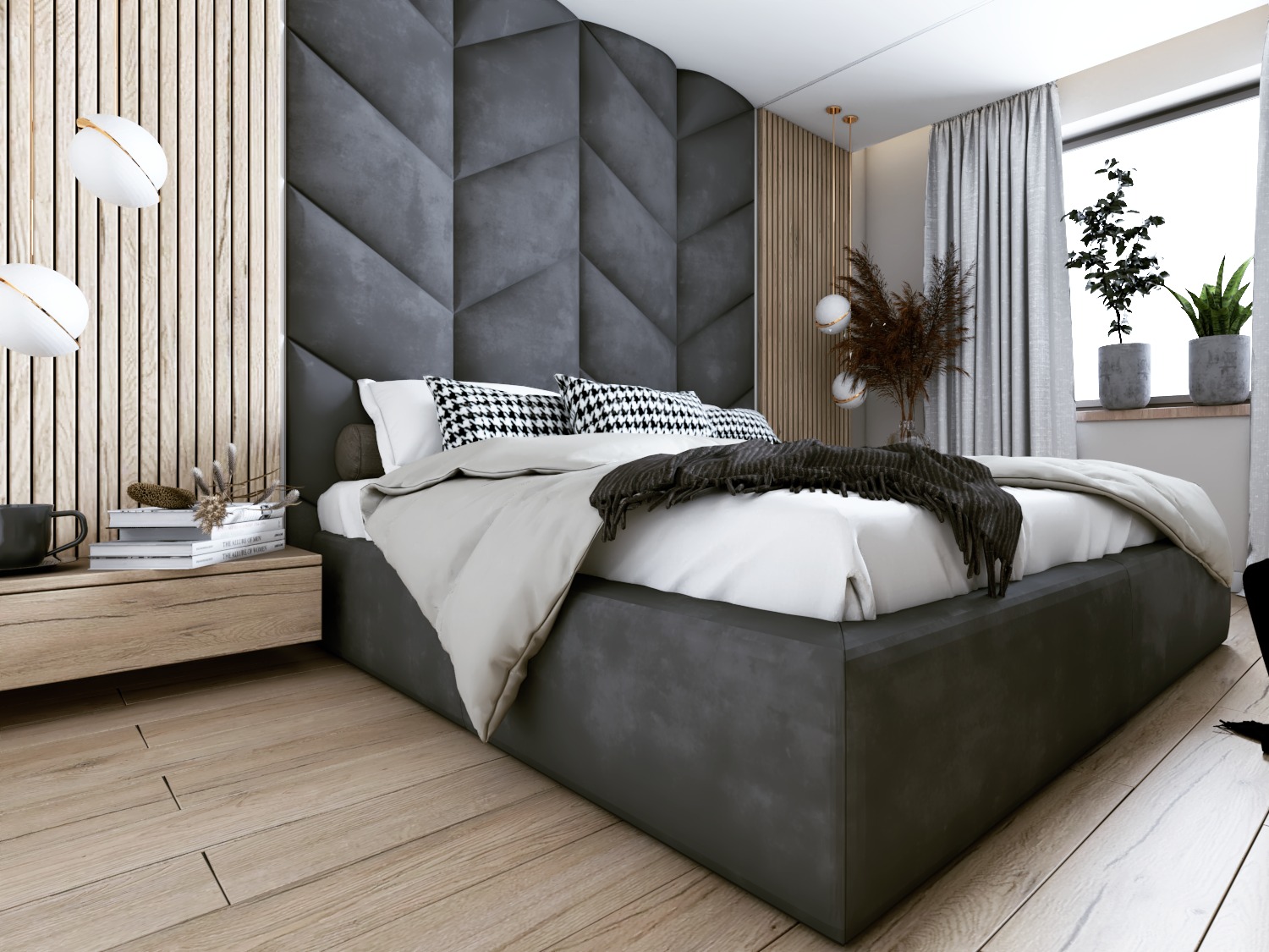 Nowoczesna sypialnia z tapicerowanym panelem ściennym w geometryczne wzory, łóżkiem z szarą ramą i drewnianą podłogą; minimalistyczne lampy wiszące i stolik nocny z książkami i dekoracjami.