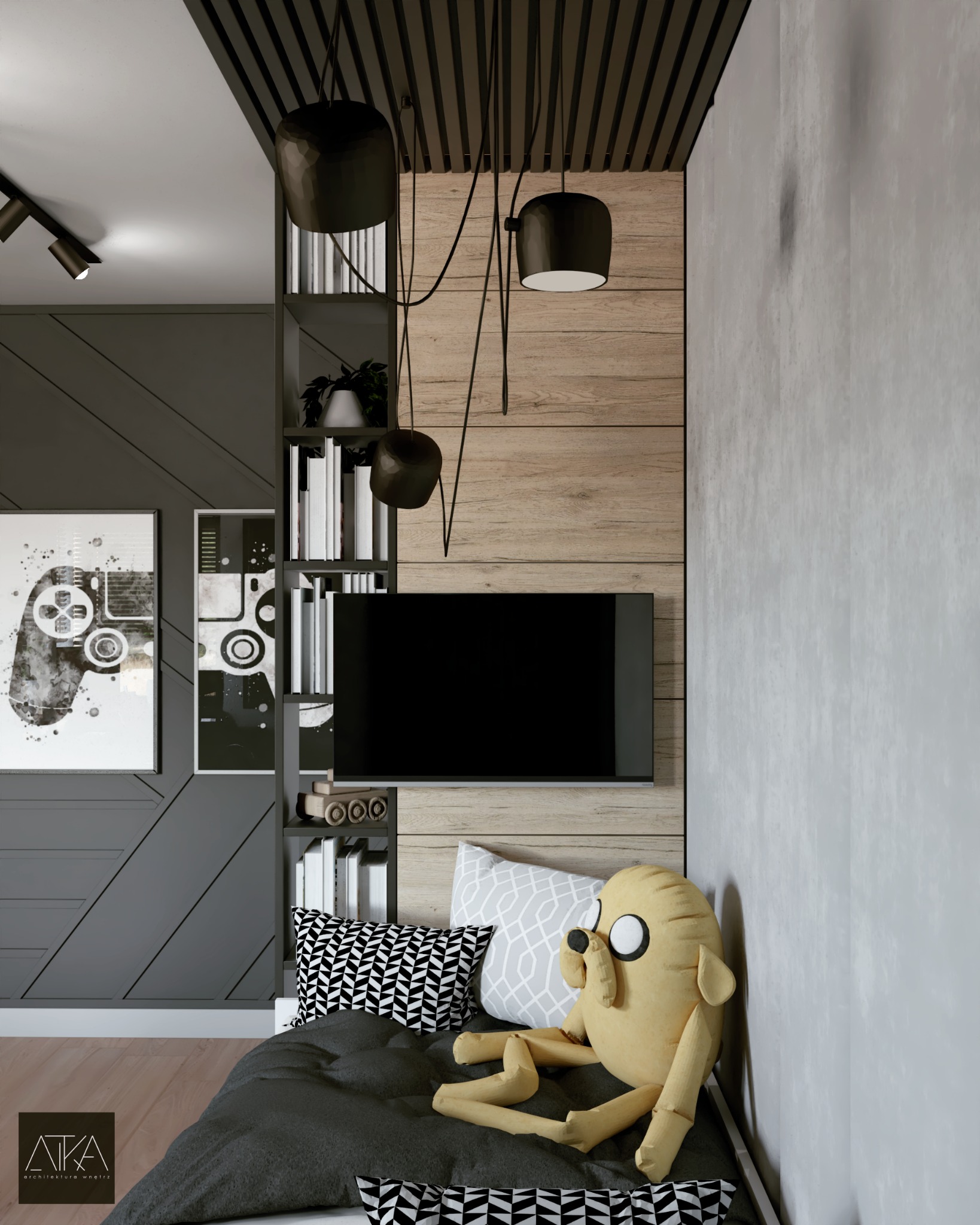 Nowoczesny pokój młodzieżowy w Wojnowicach z drewnianą ścianą, czarnymi lampami wiszącymi i półkami z książkami, uzupełniony o czarno-białe grafiki i pluszową zabawkę Jake'a z Adventure Time na łóżku.
