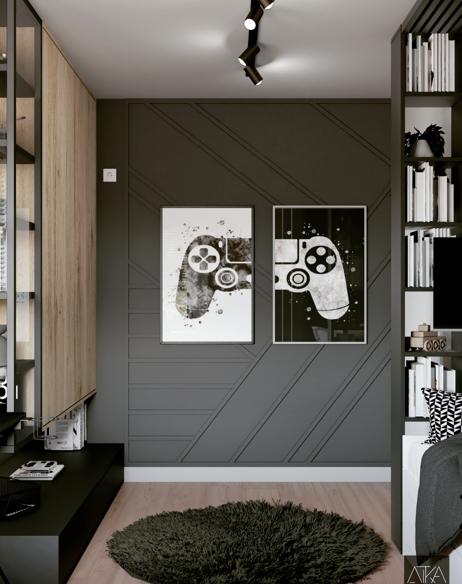 Pokój z szarą ścianą zdobioną wzorem, na której wiszą dwa plakaty z motywem kontrolerów do gier, oświetlony reflektorami sufitowymi, z widocznym regałem na książki i puszystym dywanem na podłodze.