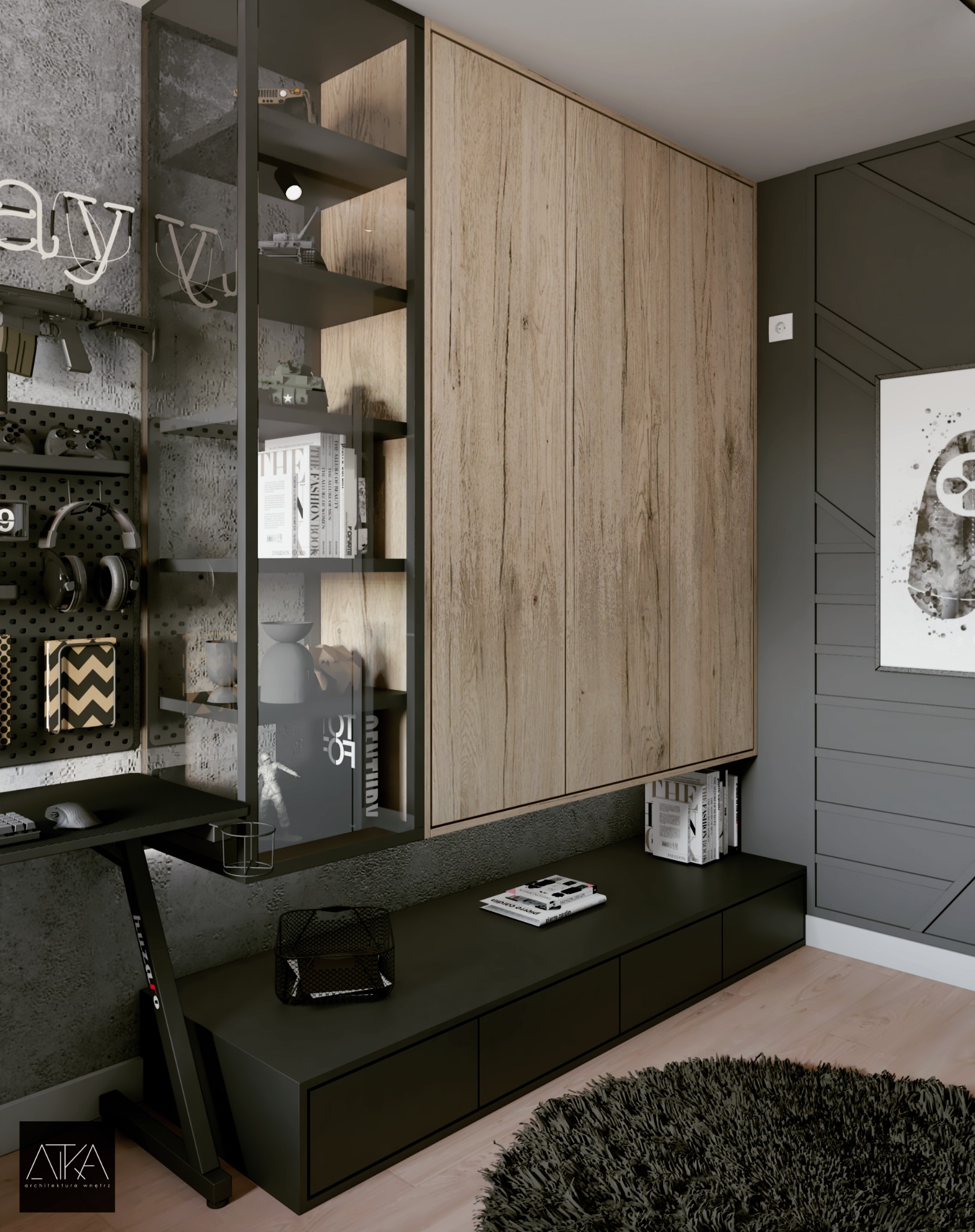 Nowoczesny pokój gracza z biurkiem, półkami z zabawkami i książkami, drewnianą szafą w zabudowie oraz czarnym dywanem shaggy, oświetlony neonem.