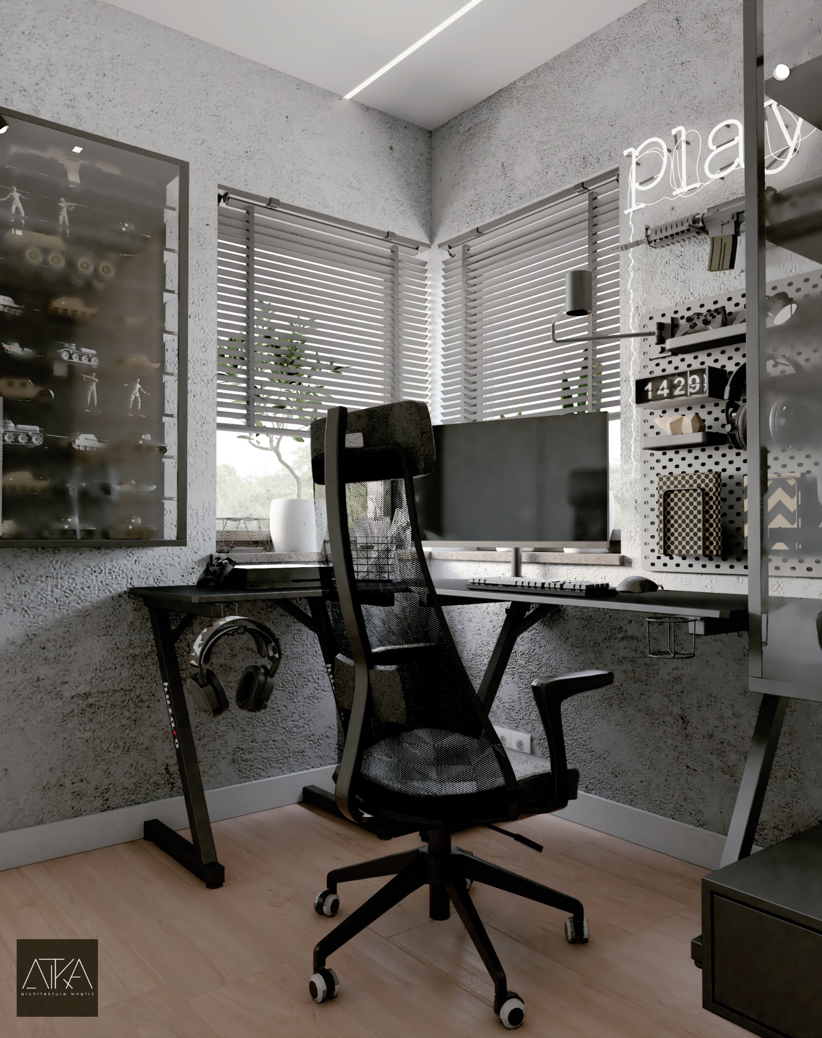 Pokój gracza z biurkiem, krzesłem gamingowym, półkami z neonem 'play' i kolekcją modeli czołgów w szklanej gablocie, oświetlony ledowym paskiem.