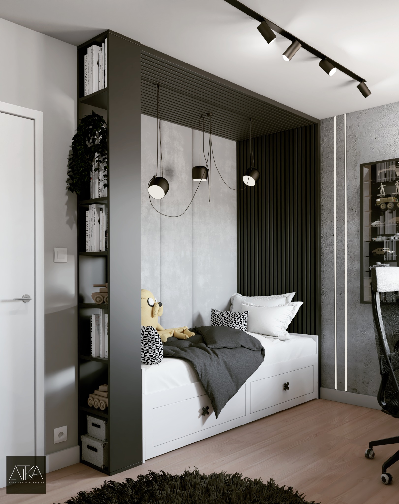 Pokój dziecięcy z łóżkiem wnękowym, czarną zabudową regałową i oświetleniem punktowym, uzupełniony o pluszową zabawkę i dywanik z długim włosiem.