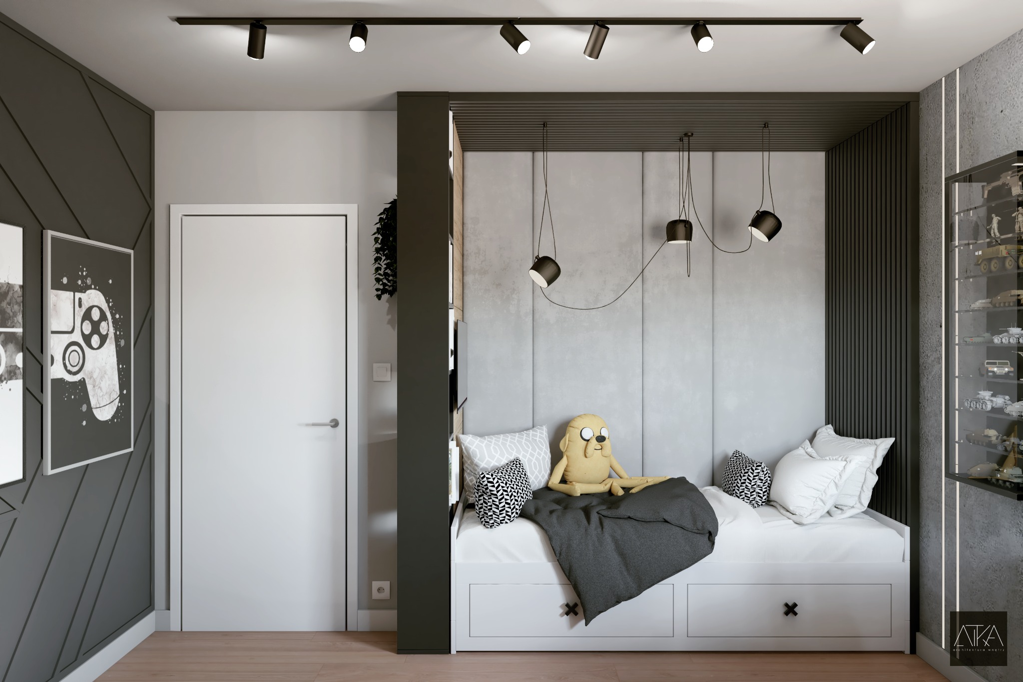 Pokój dziecięcy z tapicerowanym panelem ściennym, łóżkiem z szufladami, lampami wiszącymi i półką ekspozycyjną na modele, utrzymany w szarości i bieli z akcentami czerni.