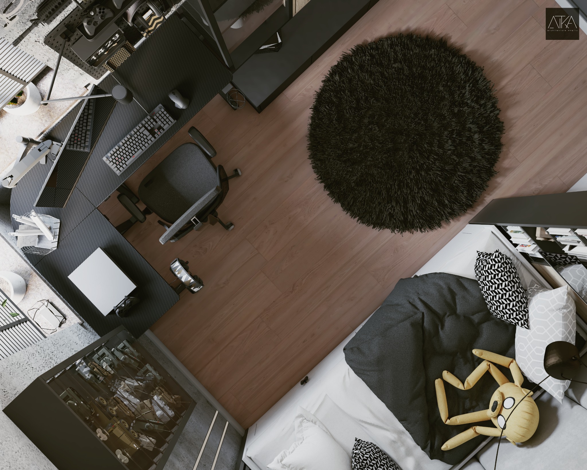 Widok z góry na pokój gracza z biurkiem z karbonową fakturą, ergonomicznym krzesłem, pluszowym dywanem i łóżkiem z dekoracyjnymi poduszkami i pluszakiem, oświetlony naturalnym światłem.