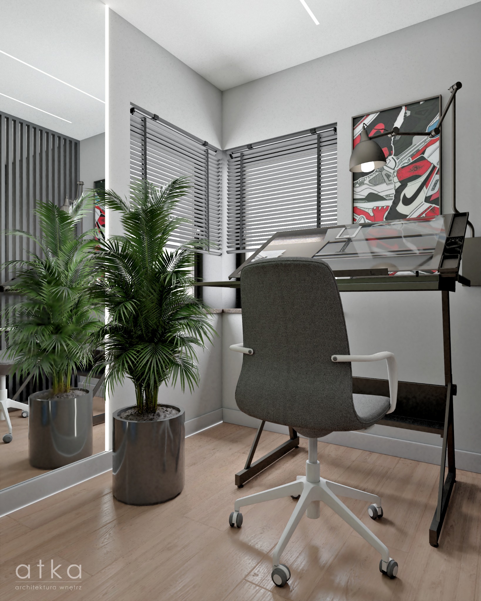 Wizualizacja biura z biurkiem kreślarskim, szarą obrotową krzesłem, rośliną doniczkową w metalowej osłonie i plakatem z motywem sneakersów, odbijająca się w lustrze.