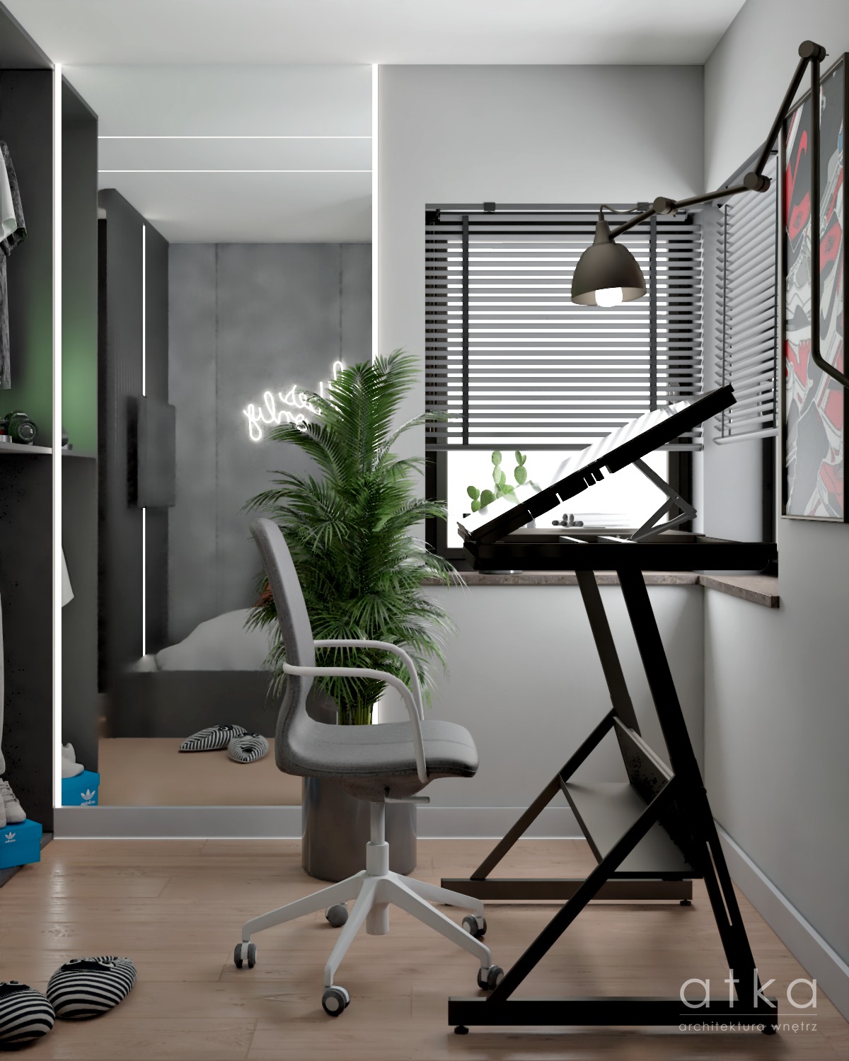 Wizualizacja pokoju z biurkiem kreślarskim, krzesłem biurowym z szarą tapicerką i rośliną doniczkową, widok na sypialnię odbijający się w lustrze, oświetlenie LED wzdłuż krawędzi szafy i sufitu.
