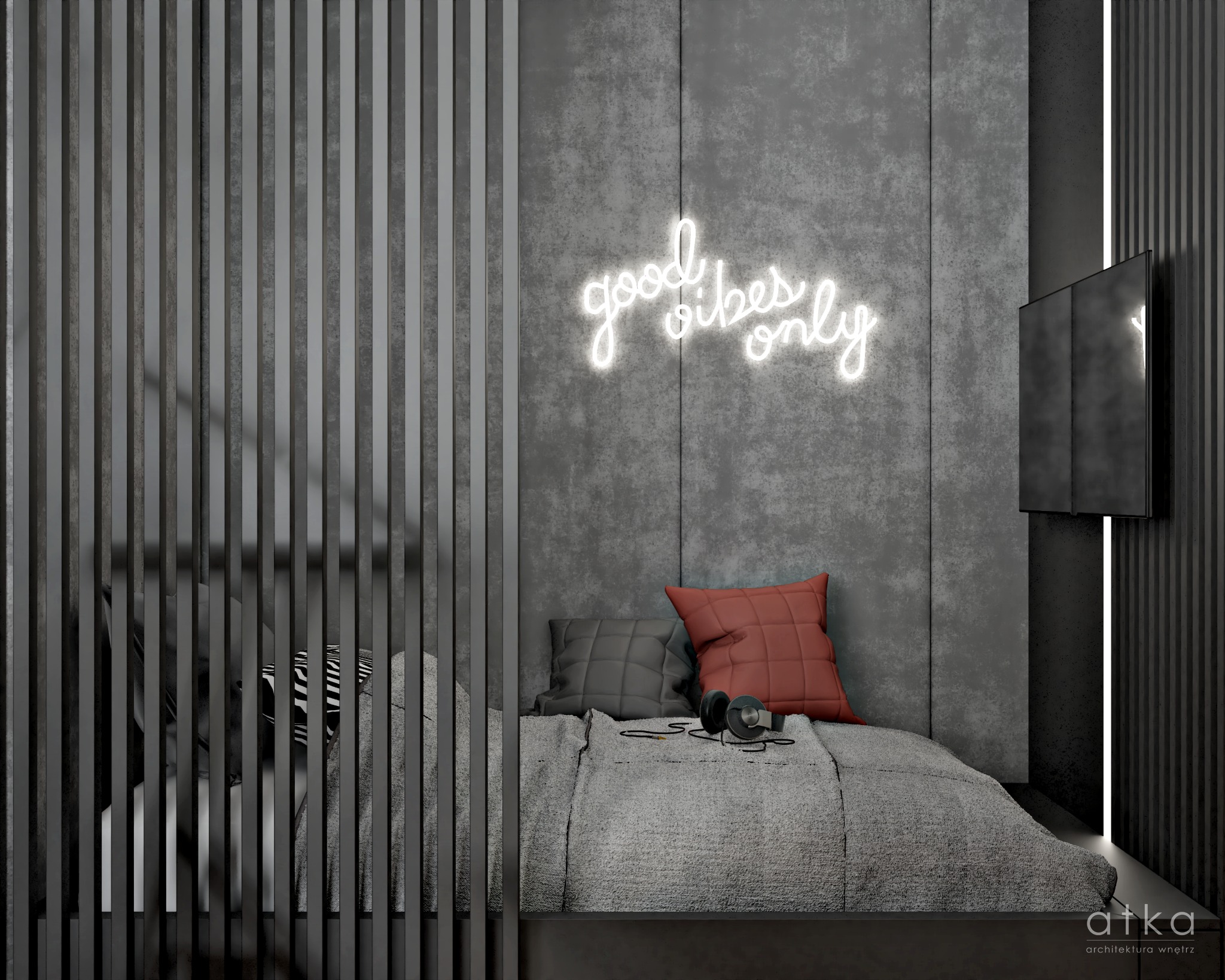 Nowoczesna sypialnia w odcieniach szarości z neonowym napisem 'good vibes only', dekoracyjnymi lamelami, ceglastą poduszką i słuchawkami na łóżku.