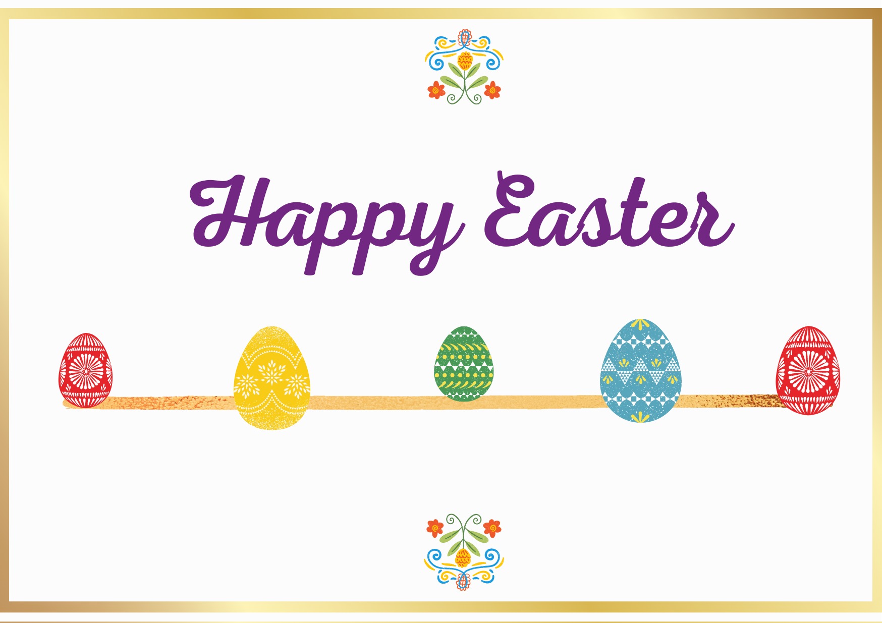 Ilustracja kartki okolicznościowej z napisem 'Happy Easter', przedstawiająca pięć kolorowych pisanek z różnymi wzorami, umieszczonych na drewnianej listewce, z dekoracyjnymi motywami kwiatowymi u...