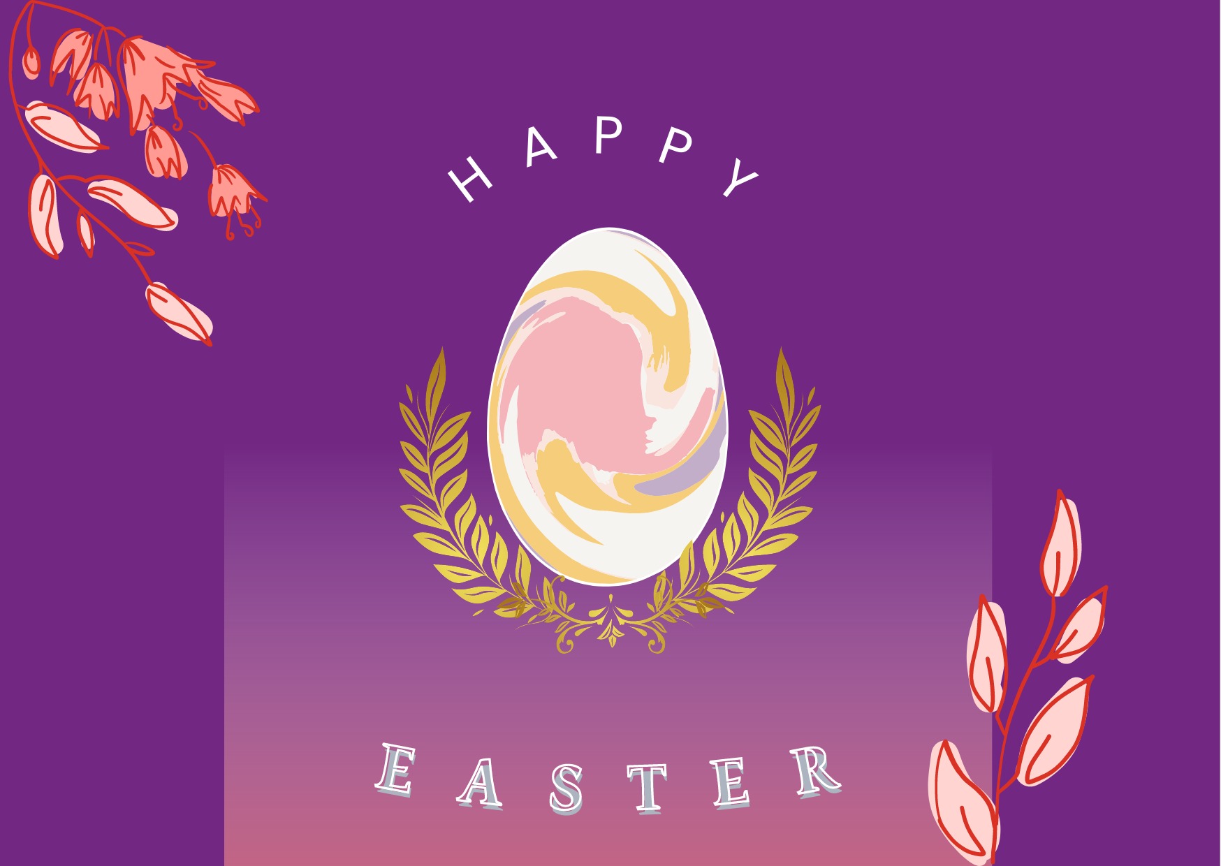 Grafika kartki okolicznościowej z napisem 'Happy Easter', stylizowanym jajkiem otoczonym złotymi gałązkami i motywami kwiatowymi na fioletowym tle.