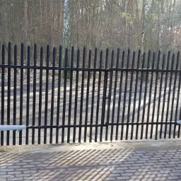 Automatyczna brama wjazdowa z czarnymi prętami i brązowymi słupkami, z widocznymi siłownikami i elementami sterującymi, na tle drzew bez liści i kostki brukowej.