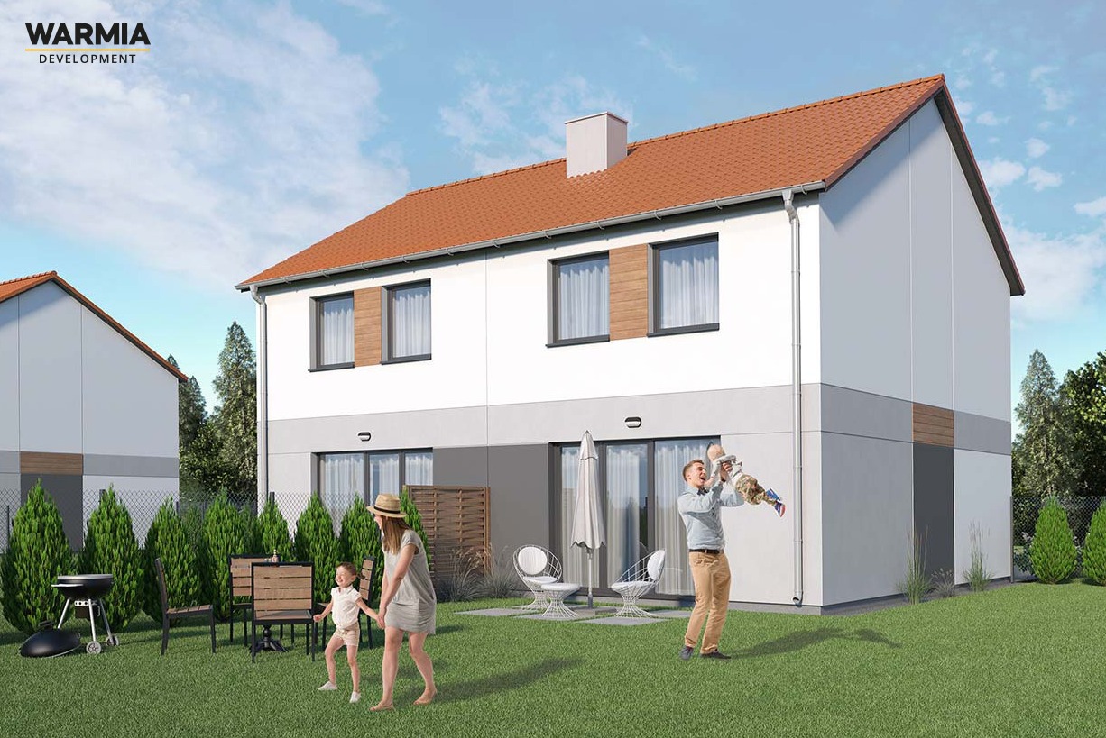 Wizualizacja dwukondygnacyjnego domu murowanego z czerwonym dachem i szarą elewacją, rodzina spędza czas w ogrodzie z grillem i meblami ogrodowymi.