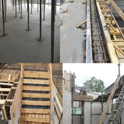 Usługi Budowlane DAWID BOSZKE - Budowa willi w Sopocie: zbrojenie fundamentów, schodów i ścian z betonu komórkowego. Widoczne szalunki, podpory i drabina. Etap surowy otwarty.