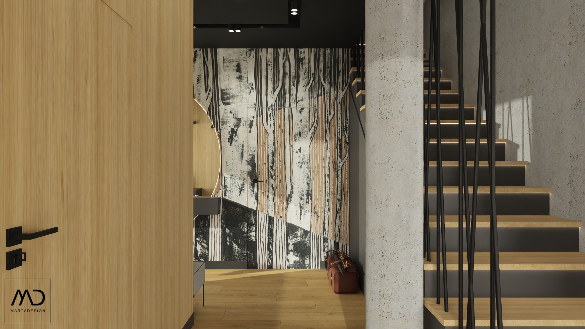 Nowoczesny przedpokój z drewnianą okładziną drzwi, abstrakcyjną tapetą w motywie drzew i schodami z podświetleniem LED, uzupełniony brązową torbą podróżną.