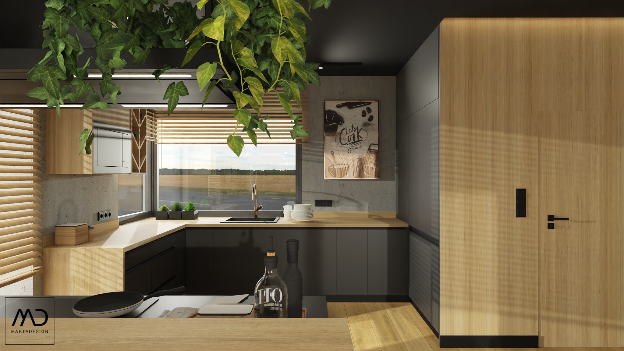 Wizualizacja nowoczesnej kuchni w Wolsztynie z drewnianymi akcentami, czarnymi szafkami i wiszącymi roślinami, widok na pole za oknem przez drewniane żaluzje.