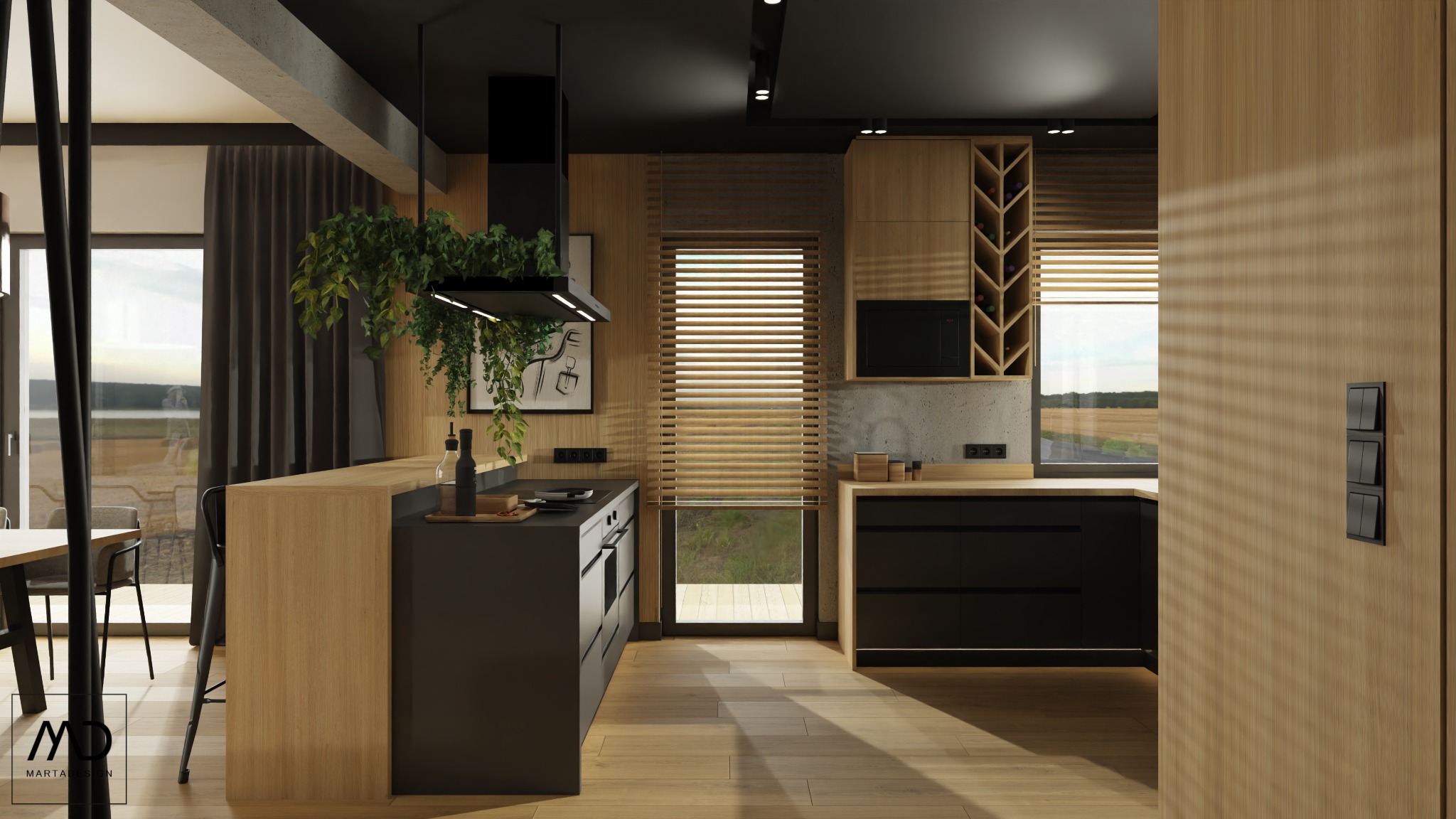 Nowoczesna kuchnia z drewnianymi i czarnymi elementami, wiszącą roślinnością nad wyspą, widok na zewnątrz przez okno z żaluzjami.