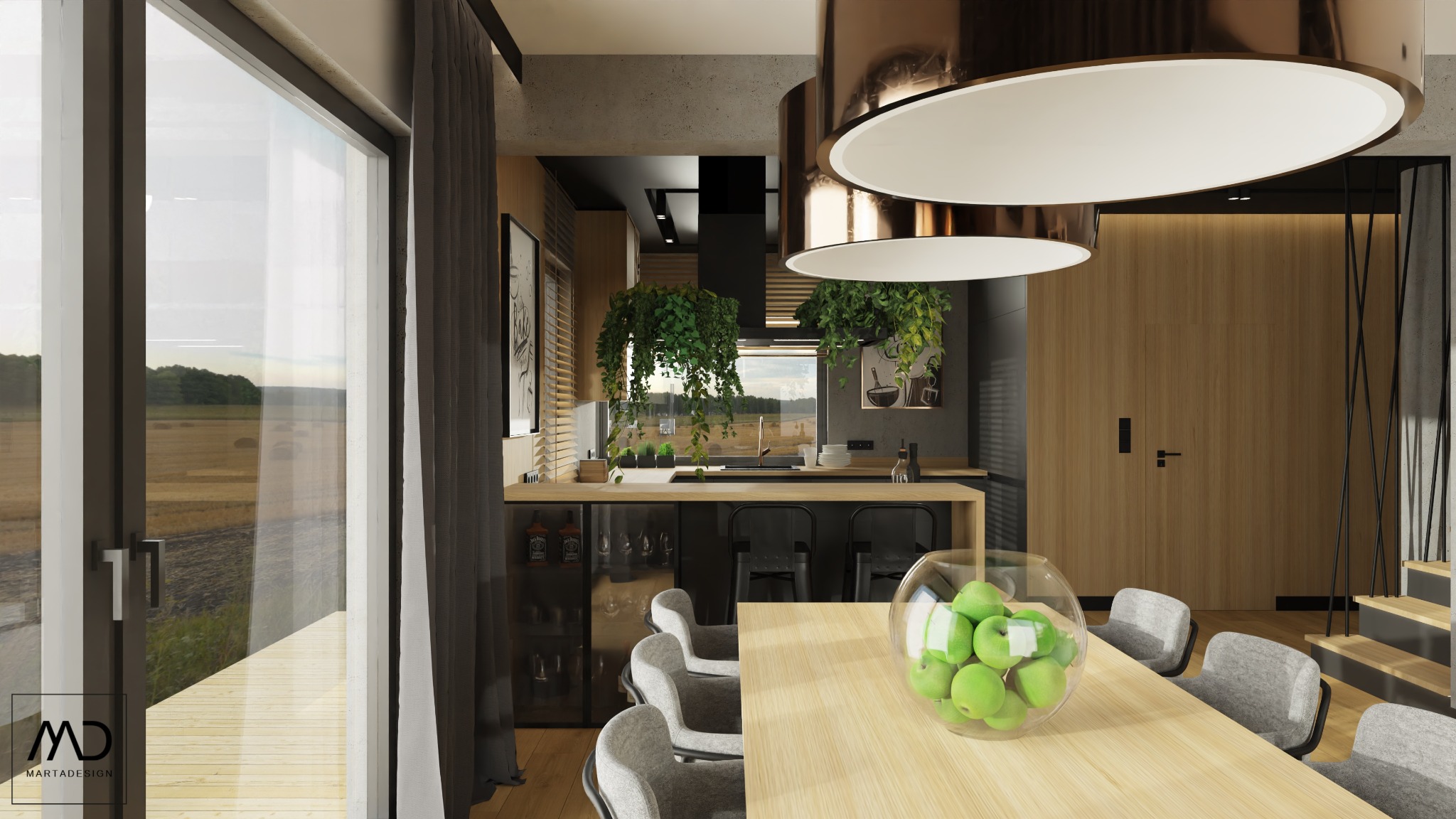 Nowoczesna kuchnia z jadalnią w odcieniach drewna, szarości i czerni, z dużym oknem na krajobraz, wiszącymi roślinami i dekoracyjną misą z zielonymi jabłkami na stole.