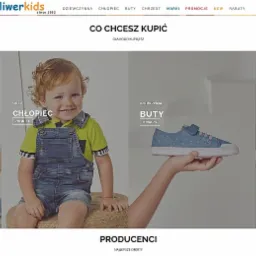 Strona główna sklepu internetowego z odzieżą dziecięcą, prezentująca kolekcje dla dziewczynek i chłopców oraz obuwie.