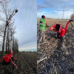 Green Garden Mikołaj Szymalak - Dzielone zdjęcie: po lewej czerwony podnośnik koszowy z rozłożonymi podporami stoi na polu pod wysokimi drzewami bez liści i liniami energetycznymi; po prawej mężczyzna w zielonej kurtce wkłada...