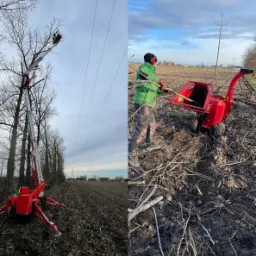 Dzielone zdjęcie: po lewej czerwony podnośnik koszowy z rozłożonymi podporami stoi na polu pod wysokimi drzewami bez liści i liniami energetycznymi; po prawej mężczyzna w zielonej kurtce wkłada...