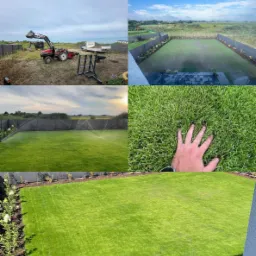 Kompozycja zdjęć: przygotowanie terenu pod trawnik z użyciem traktora, widok ogólny założonego trawnika z rolki z systemem nawadniania w trakcie pracy oraz zbliżenie dłoni na gęstej, zielonej trawie.