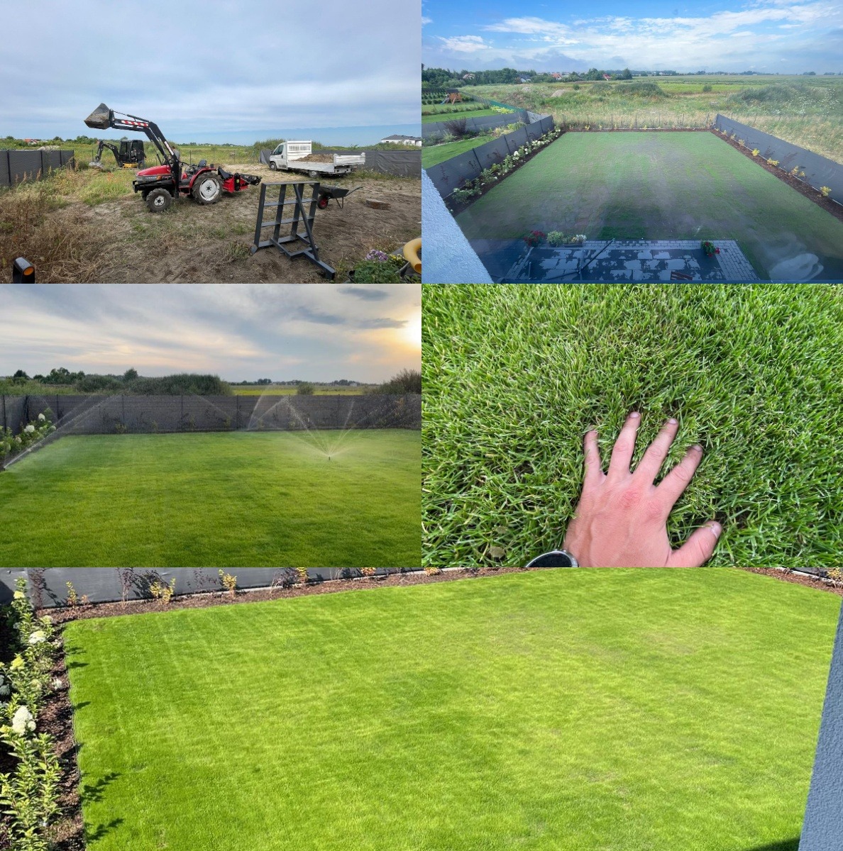 Kompozycja zdjęć: przygotowanie terenu pod trawnik z użyciem traktora, widok ogólny założonego trawnika z rolki z systemem nawadniania w trakcie pracy oraz zbliżenie dłoni na gęstej, zielonej trawie.