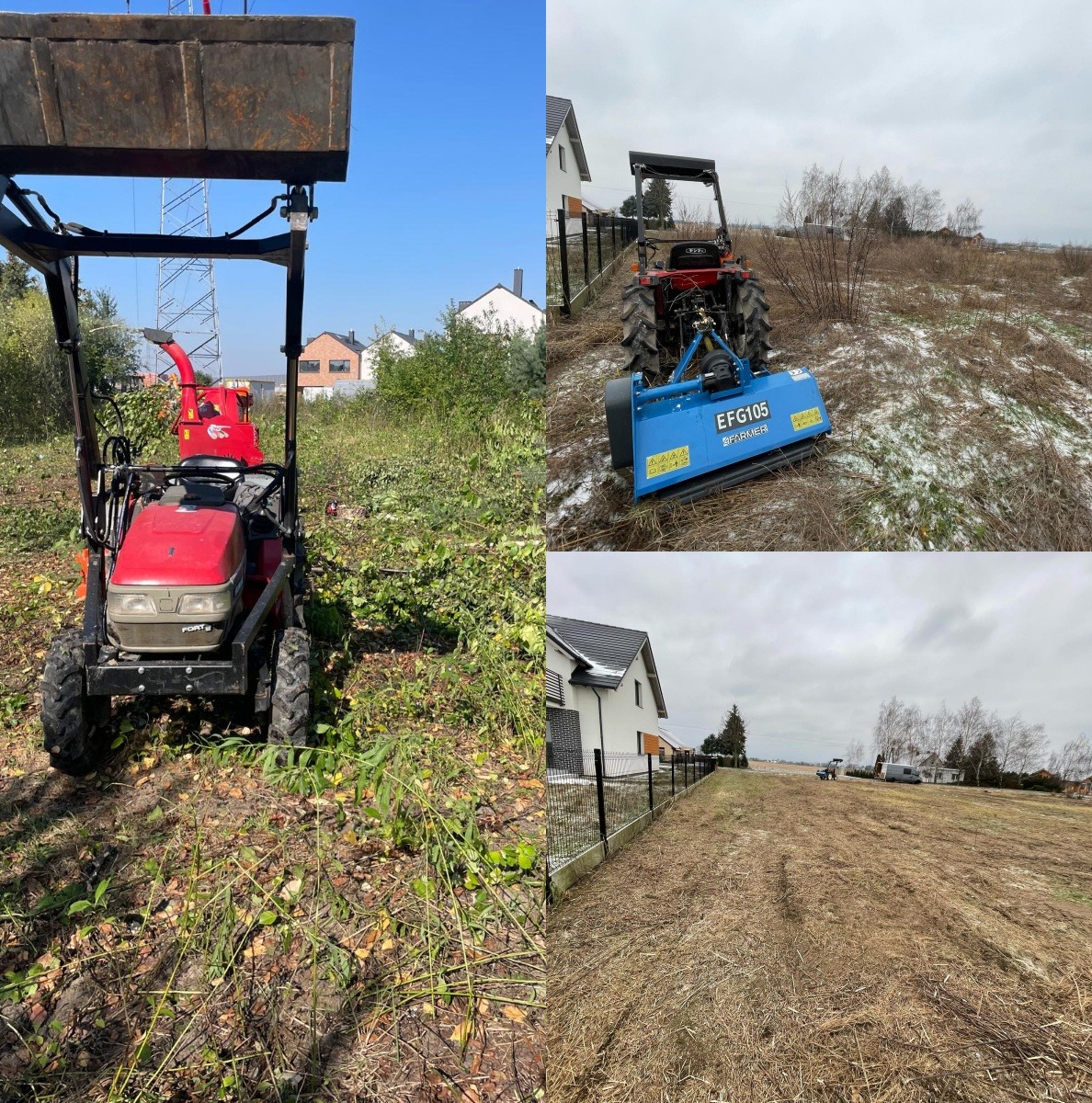 Kompozycja trzech ujęć: czerwony traktor z podnośnikiem i rozdrabniaczem gałęzi na zarośniętym terenie, niebieski mulczer podpięty do traktora na polu z resztkami śniegu oraz wyrównany teren po...