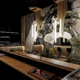 Nowoczesne wnętrze restauracji sushi z motywem gejszy na ścianie, drewnianymi elementami dekoracyjnymi i minimalistycznym oświetleniem. Widoczne stanowisko do przygotowywania sushi.