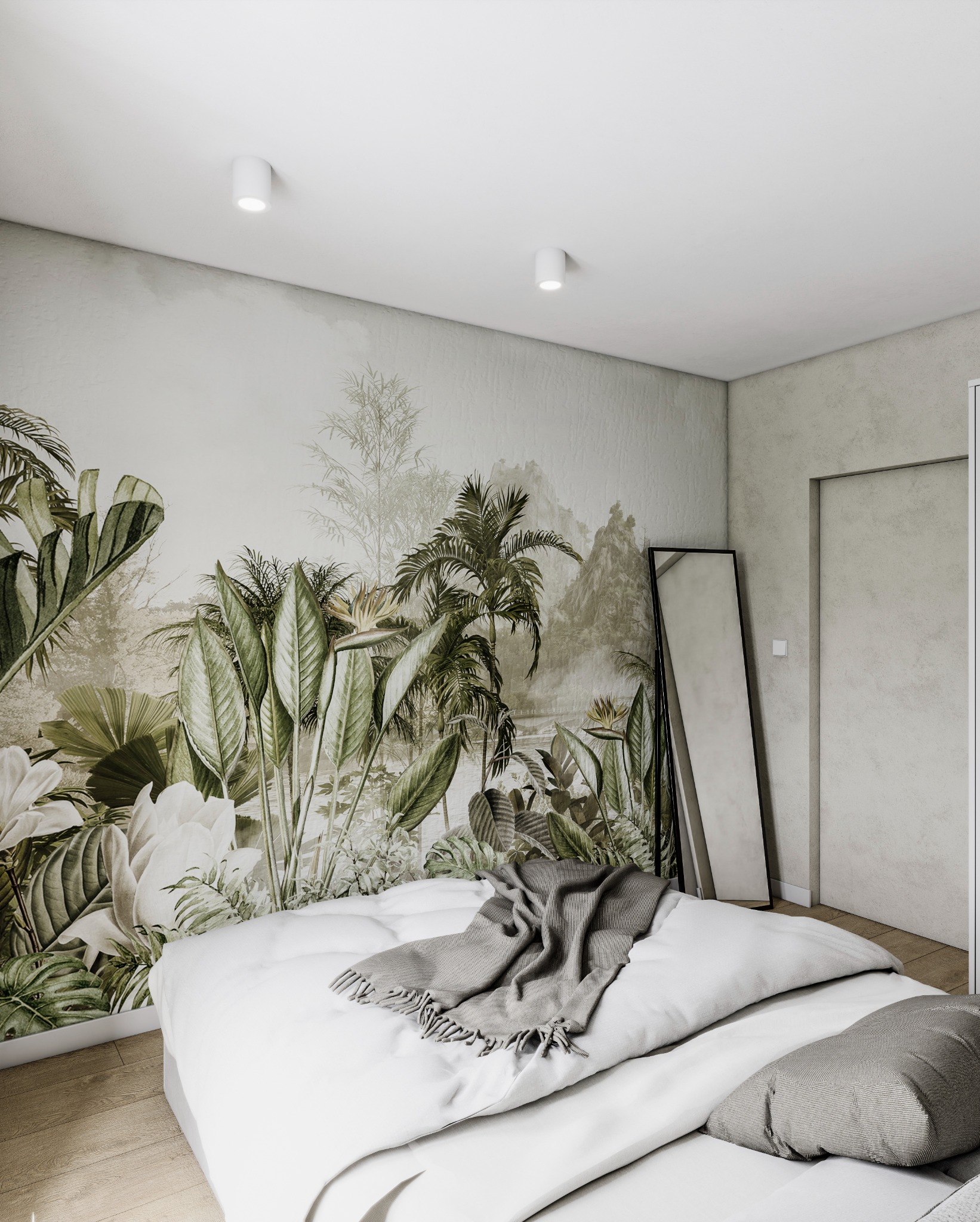 Sypialnia z fototapetą w tropikalne rośliny, białą pościelą i szarym pledem, minimalistyczne oświetlenie sufitowe i lustro oprawione w czarną ramę.