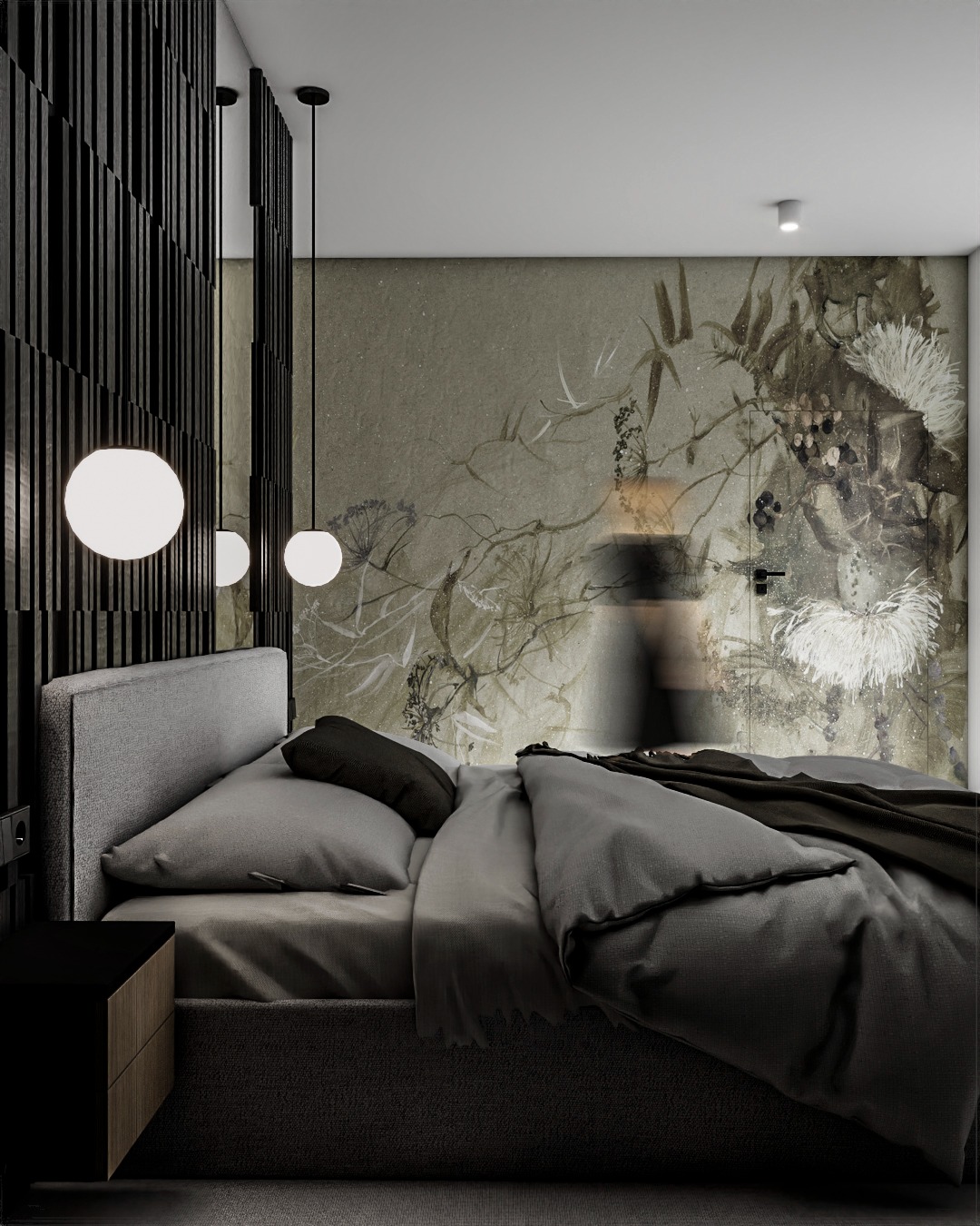 Nowoczesna sypialnia z tapetą w motywy roślinne i designerskimi lampami kulami. Ciemna drewniana ażurowa ściana dodaje unikalnego charakteru.