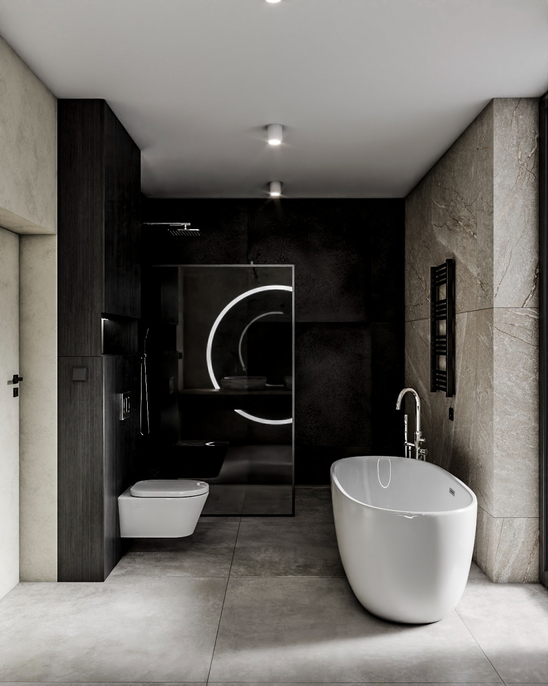 Minimalistyczna łazienka z czarną ścianą, kabiną prysznicową z podświetlanym lustrem i wolnostojącą wanną. Szara podłoga z płytek imitujących beton.