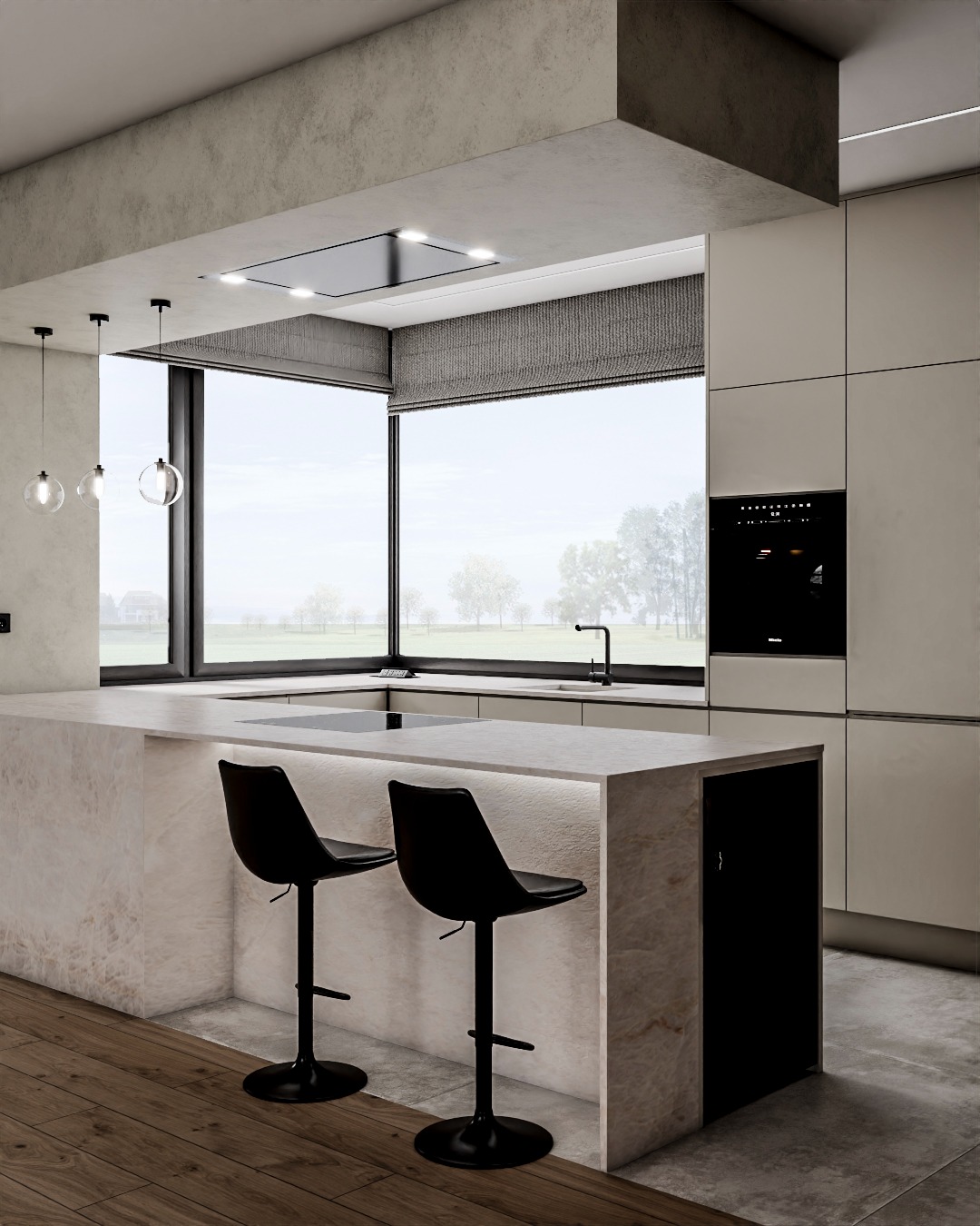 Minimalistyczna kuchnia z wyspą oświetloną od dołu, czarne hokery, duże okno z roletą rzymską i zabudowane sprzęty AGD w jasnych szafkach.