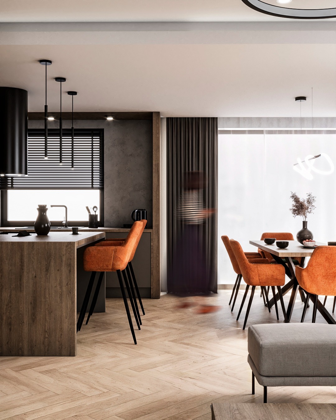 Nowoczesna kuchnia z wyspą i pomarańczowymi hokerami, parkiet w jodełkę, minimalistyczne oświetlenie, dekoracje stołu. Stonowana kolorystyka, elegancki design.