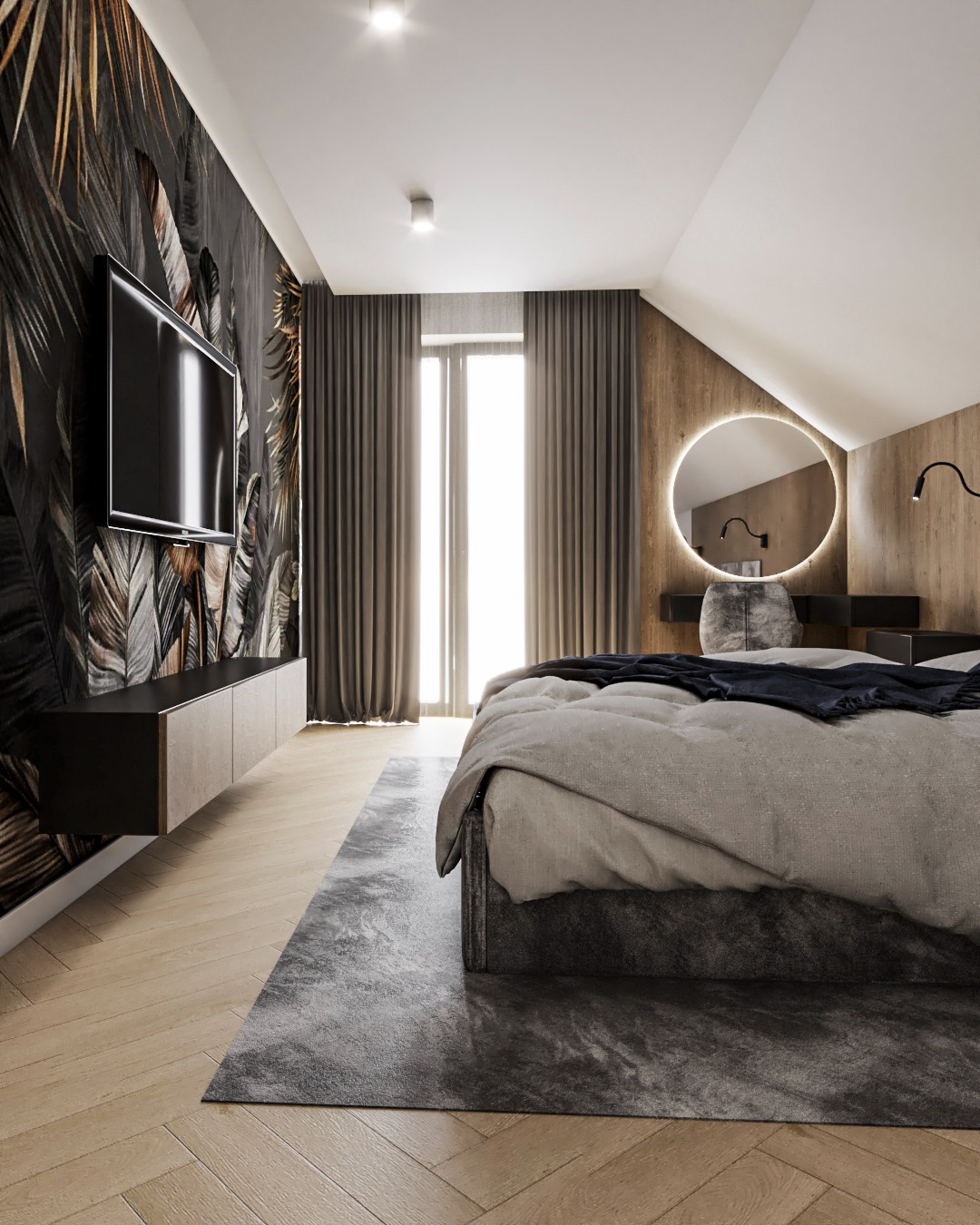 Nowoczesna sypialnia na poddaszu: łóżko z szarą narzutą, telewizor na ścianie z motywem liści, okrągłe lustro z podświetleniem i drewniane panele ścienne.