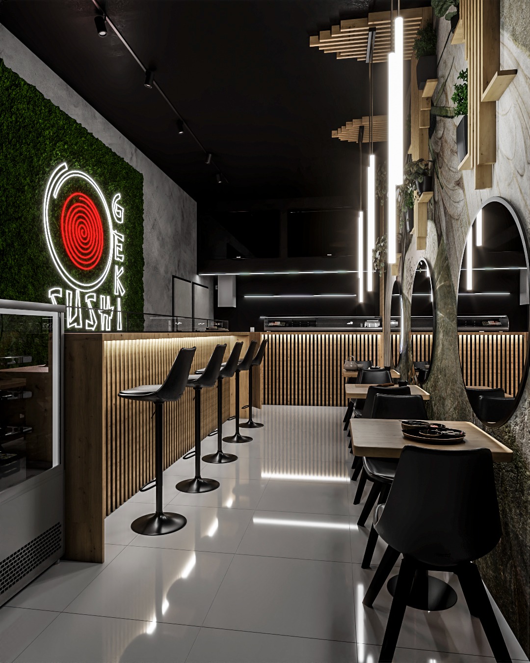 Wnętrze lokalu gastronomicznego z barem, krzesłami barowymi i stolikami. Ściana z roślinnością i neonem, drewniane elementy dekoracyjne, nowoczesne oświetlenie.