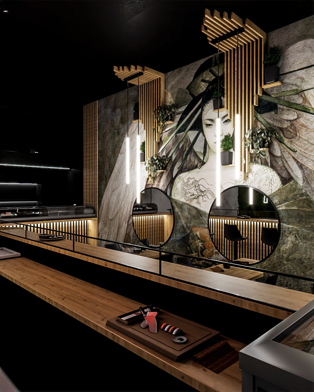 Nowoczesne wnętrze restauracji sushi z motywem gejszy na ścianie, drewnianymi elementami dekoracyjnymi i minimalistycznym oświetleniem. Widoczne stanowisko do przygotowywania sushi.