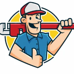 Kreskówkowa postać hydraulika z kluczem francuskim na ramieniu, uśmiechnięta i pokazująca kciuk w górę na tle żółtego koła.