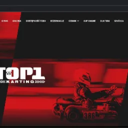 Zrzut ekranu strony internetowej firmy z branży kartingowej, prezentujący logo, nawigację, oraz zdjęcie kierowcy w gokarcie na tle czerwonej grafiki toru.