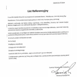 Skan listu referencyjnego od firmy PKS Gdańsk Oliwa SA, datowany na 21.07.2014, z tekstem rekomendującym firmę szkoleniową za dobrą organizację, miłą atmosferę i zaangażowanie trenerów...