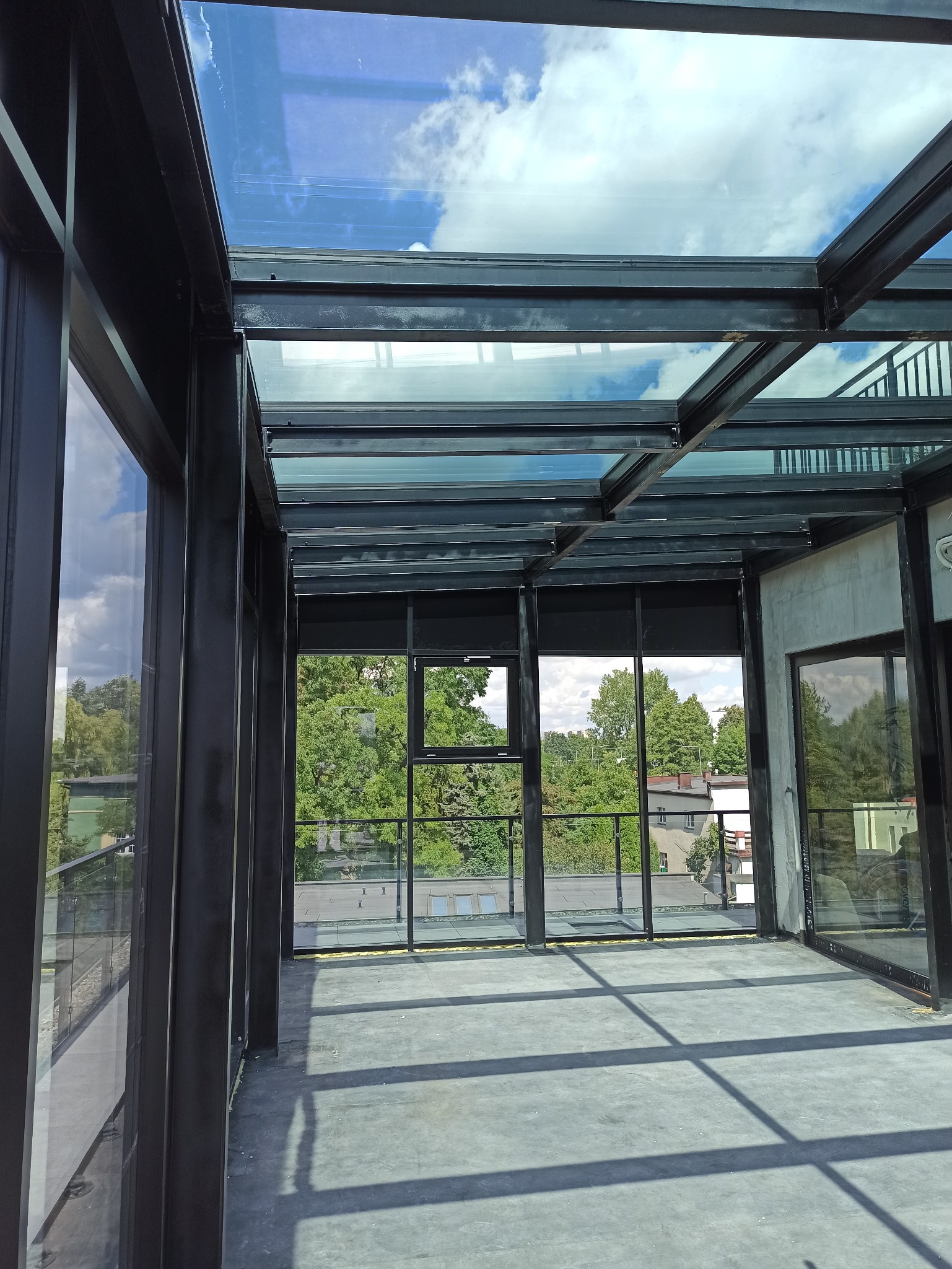 Szklany dach i ściany oranżerii z czarną stalową konstrukcją, widok na zieleń drzew i błękitne niebo z chmurami.
