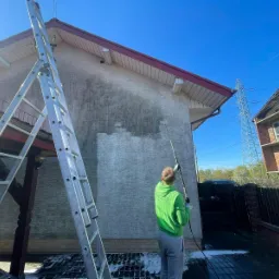 Pracownik w Młoszowej czyści elewację domu myjką ciśnieniową, widoczny efekt przed i po, drabina oparta o ścianę, na drugim planie słup wysokiego napięcia.