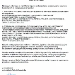 Skan dokumentu referencyjnego od Violetty Piękoś-Kwiecińskiej dla Michała Nguyena za udział w projektach budowlanych, w tym przebudowy budynku z windą i rozbudowy budynku mieszkalnego z urządzeniem...