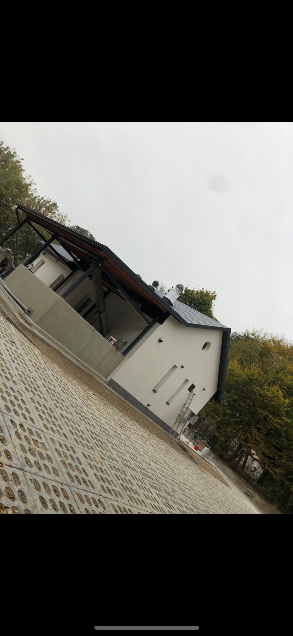 Nowoczesny dom jednorodzinny z jasną elewacją i czarną konstrukcją dachu, widok z poziomu gruntu na tle pochmurnego nieba i drzew, z widoczną drabiną opartą o ścianę.