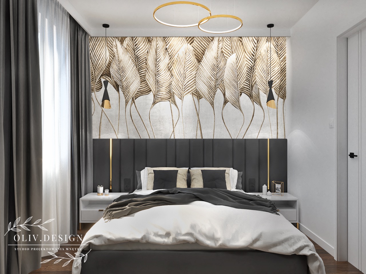 Nowoczesna sypialnia w Radomiu z łóżkiem z ciemnym zagłówkiem, złotymi lampami wiszącymi i tapetą z motywem liści; po bokach białe szafki nocne.