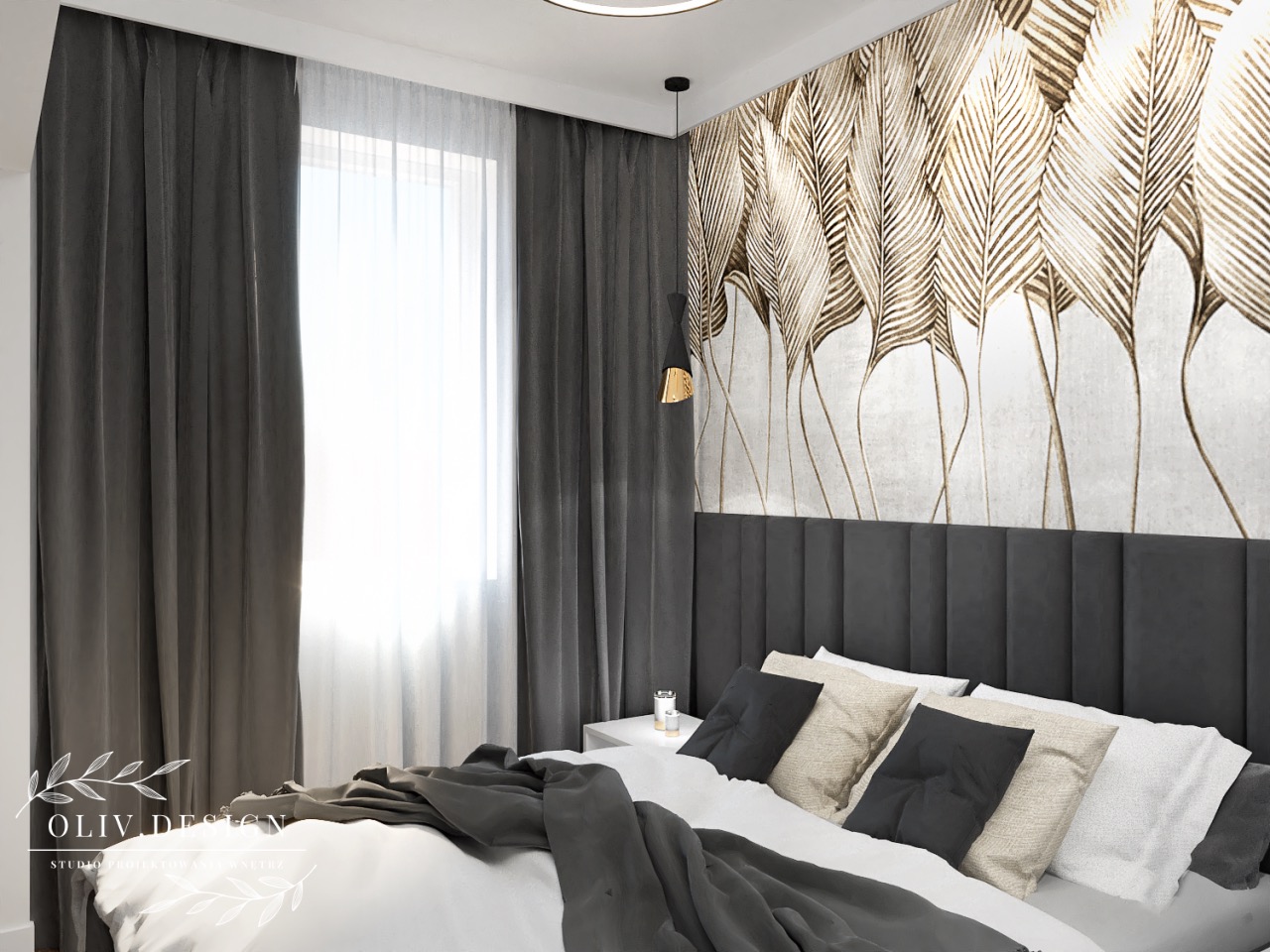Nowoczesna sypialnia z łóżkiem z szarym zagłówkiem, dekoracyjną tapetą w złote liście i zasłonami w odcieniach szarości, oświetlona lampą wiszącą z elementami złota.