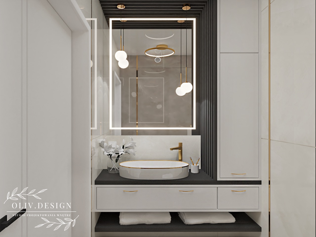 Elegancka łazienka w odcieniach bieli i szarości z okrągłą umywalką nablatową, podświetlanym lustrem i złotymi akcentami.